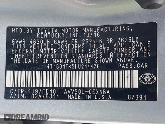 2017 Toyota Camry Hybrid LE with VIN 4T1BD1FK5HU214476, listed as a IAAI auction lot 41537972 with 66,313 mi miles. Bid and sale history available at carsss.com. Image 9.