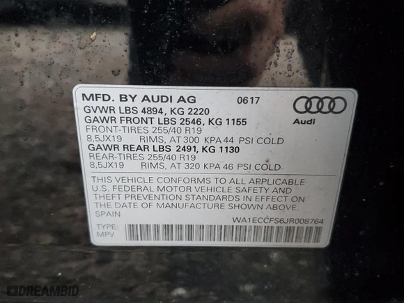 2018 Audi Q3 Premium with VIN WA1ECCFS6JR008764, listed as a Copart auction lot 50307305 with 61,557 mi miles and Clean Title. Bid and sale history available at carsss.com. Image 14.