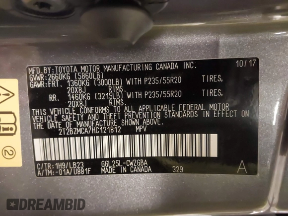 2017 Lexus RX 350 with VIN 2T2BZMCA7HC121812, listed as a IAAI auction lot 41868533 with 101,128 mi miles and . Bid and sale history available at DreamBid. Image 9.