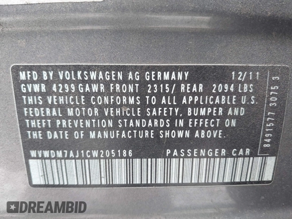 2012 Volkswagen Golf TDI with VIN WVWDM7AJ1CW205186, listed as a IAAI auction lot 41468253 with 150,991 mi miles and . Bid and sale history available at DreamBid. Image 9.