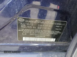2013 Hyundai Sonata GLS with VIN 5NPEB4AC1DH593585, listed as a Copart auction lot 51829125 with 130,101 mi miles and Salvage Title. Bid and sale history available at carsss.com. Image 12.