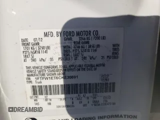 2012 Ford F-150 XL with VIN 1FTFW1ET6CKE30691, listed as a Copart auction lot 87208894 with 0 mi miles and Salvage Title. Bid and sale history available at carsss.com. Image 12.