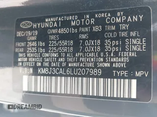 2020 Hyundai Tucson Sport z VIN KM8J3CAL6LU207989, wystawiony jako IAAI lot #42334004 z przebiegiem 59 334 mil mil oraz . Historia ofert i sprzedaży dostępna na DreamBid. Obrazek 9.