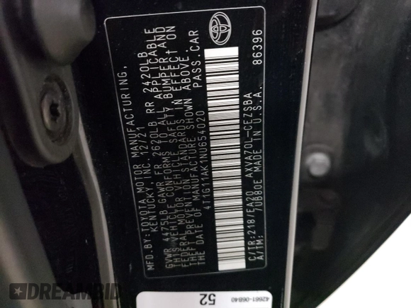 2022 Toyota Camry SE with VIN 4T1G11AK1NU654020, listed as a Copart auction lot 49228125 with 131,818 mi miles and Clean Title. Bid and sale history available at DreamBid. Image 12.