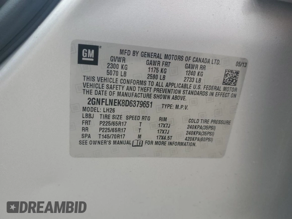 2013 Chevrolet Equinox LT with VIN 2GNFLNEK8D6379651, listed as a Copart auction lot 55255635 with 170,800 mi miles and Clean Title. Bid and sale history available at DreamBid. Image 13.