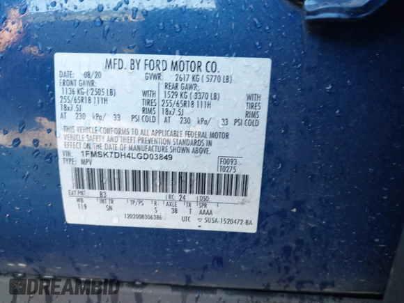 2020 Ford Explorer XLT with VIN 1FMSK7DH4LGD03849, listed as a IAAI auction lot 41854401 with 85,883 mi miles and . Bid and sale history available at DreamBid. Image 9.