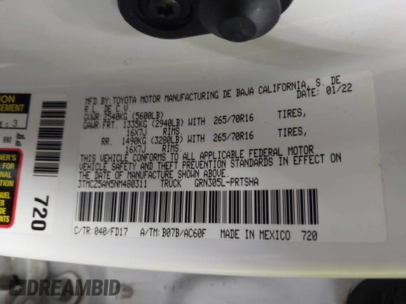 2022 Toyota Tacoma SR with VIN 3TMCZ5AN5NM480311, listed as a IAAI auction lot 42542600 with 43,297 mi miles and . Bid and sale history available at DreamBid. Image 9.