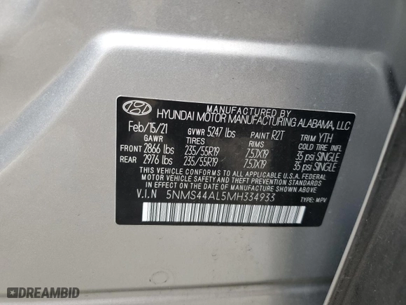 2021 Hyundai Santa Fe Limited with VIN 5NMS44AL5MH334933, listed as a Copart auction lot 44206735 with 34,244 mi miles and Salvage Title. Bid and sale history available at carsss.com. Image 16.