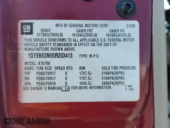 2005 Cadillac Escalade z VIN 1GYEK63N95R203413, wystawiony jako Copart lot #53366075 z przebiegiem 219 026 mil mil oraz Szkoda całkowita • Salvage title. Historia ofert i sprzedaży dostępna na DreamBid. Obrazek 13.