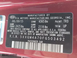 2015 Kia Optima LX with VIN 5XXGM4A70FG503492, listed as a IAAI auction lot 41706213 with 1 mi miles. Bid and sale history available at carsss.com. Image 9.