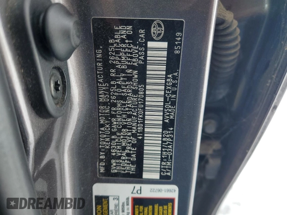 2015 Toyota Camry LE with VIN 4T1BD1FK0FU170805, listed as a Copart auction lot 55497145 with 101,121 mi miles and Salvage Title. Bid and sale history available at DreamBid. Image 12.