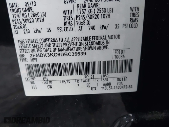 2013 Ford Edge Limited with VIN 2FMDK3KC6DBC36639, listed as a IAAI auction lot 42471160 with 142,656 mi miles and . Bid and sale history available at DreamBid. Image 9.