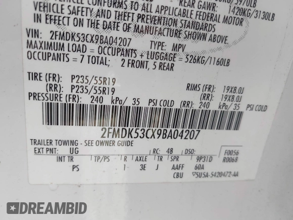 2009 Ford Flex Limited with VIN 2FMDK53CX9BA04207, listed as a IAAI auction lot 38798021 with 209,099 mi miles. Bid and sale history available at carsss.com. Image 9.