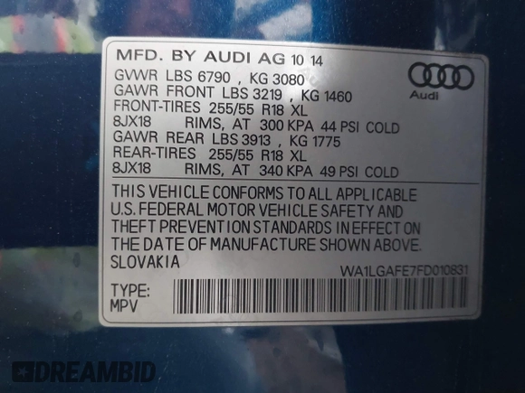 2015 Audi Q7 Premium Plus with VIN WA1LGAFE7FD010831, listed as a IAAI auction lot 41746007 with 106,796 mi miles and . Bid and sale history available at DreamBid. Image 9.