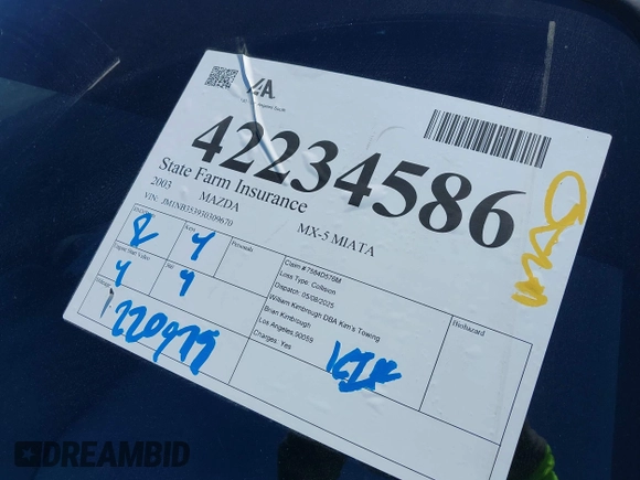 2003 Mazda MX-5 Miata Cloth with VIN JM1NB353930309670, listed as a IAAI auction lot 42234586 with 220,979 mi miles and . Bid and sale history available at DreamBid. Image 17.