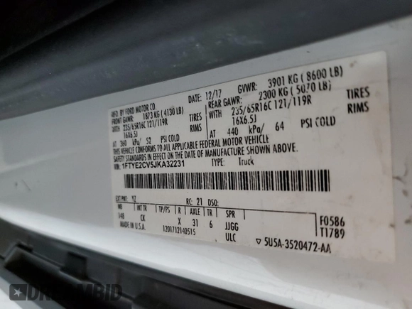2018 Ford Transit with VIN 1FTYE2CV5JKA32231, listed as a Copart auction lot 54868154 with 164,468 mi miles and Salvage title. Bid and sale history available at DreamBid. Image 12.