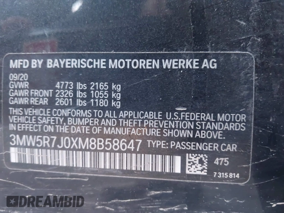 2021 BMW 3 Series 330i xDrive with VIN 3MW5R7J0XM8B58647, listed as a IAAI auction lot 42027965 with 34,230 mi miles. Bid and sale history available at carsss.com. Image 9.