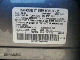 2021 Infiniti Q50 Signature Edition with VIN JN1EV7CP8MM702951, listed as a Copart auction lot 80562724 with 65,016 mi miles and Salvage title. Bid and sale history available at DreamBid. Image 13.