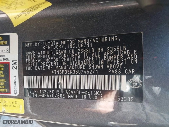 2011 Toyota Camry LE with VIN 4T1BF3EK3BU745271, listed as a IAAI auction lot 42095121 with 226,528 mi miles. Bid and sale history available at carsss.com. Image 9.