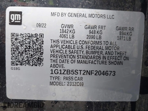 2022 Chevrolet Malibu LS with VIN 1G1ZB5ST2NF204673, listed as a IAAI auction lot 41912887 with 43,235 mi miles and . Bid and sale history available at DreamBid. Image 9.