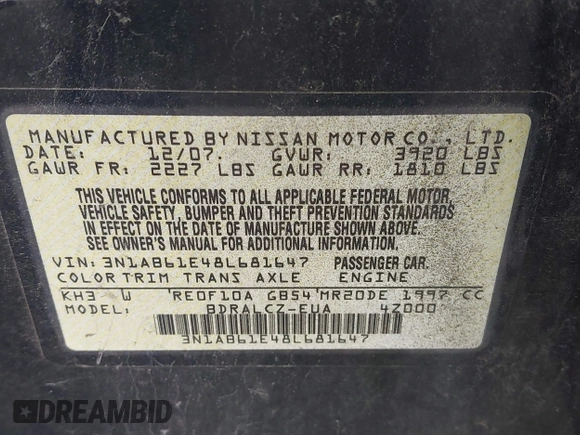 2008 Nissan Sentra S with VIN 3N1AB61E48L681647, listed as a IAAI auction lot 42165999 with 195,231 mi miles and . Bid and sale history available at DreamBid. Image 9.