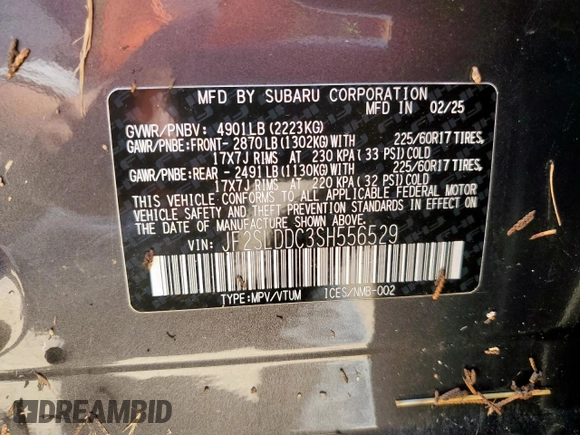 2025 Subaru Forester Premium with VIN JF2SLDDC3SH556529, listed as a Copart auction lot 65522405 with Not provided miles and Salvage title. Bid and sale history available at DreamBid. Image 12.