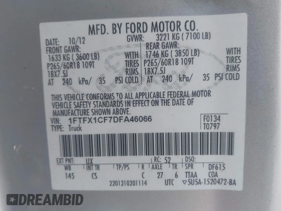 2013 Ford F-150 XL with VIN 1FTFX1CF7DFA46066, listed as a IAAI auction lot 41978103 with 131,722 mi miles. Bid and sale history available at carsss.com. Image 9.
