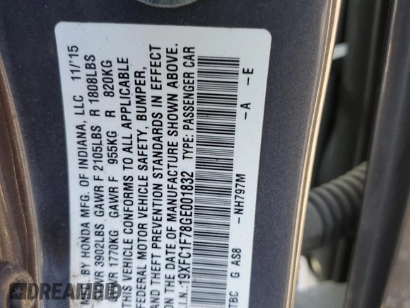 2016 Honda Civic Sedan EX-L with VIN 19XFC1F78GE001832, listed as a Copart auction lot 49682225 with 39,519 mi miles and Salvage Title. Bid and sale history available at carsss.com. Image 12.