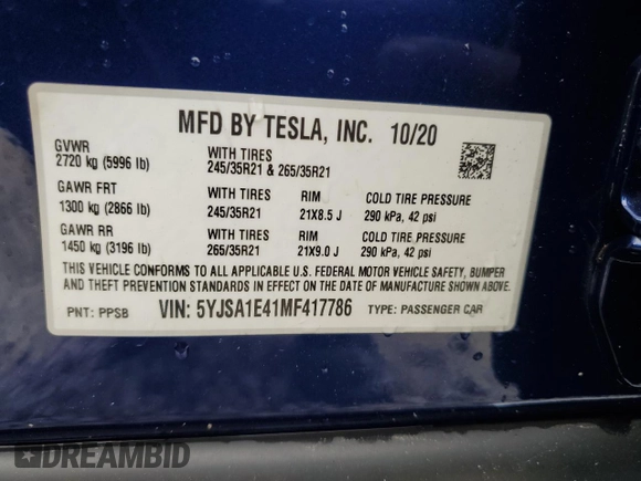 2021 Tesla Model S 90D с VIN 5YJSA1E41MF417786, выставлен на аукционе Copart как лот 80053264 с пробегом 42 755 миль миль и Списание • Salvage title. История ставок и продаж доступна на DreamBid. Изображение 14.