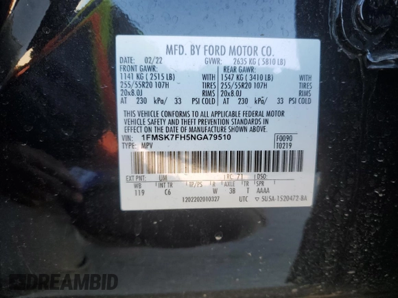 2022 Ford Explorer Limited with VIN 1FMSK7FH5NGA79510, listed as a Copart auction lot 43664285 with 41,095 mi miles and Salvage Title. Bid and sale history available at carsss.com. Image 13.