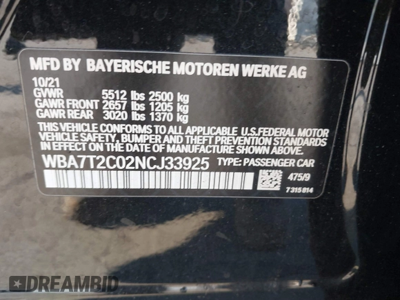 2022 BMW 7 Series 740i with VIN WBA7T2C02NCJ33925, listed as a IAAI auction lot 41377788 with 143,684 mi miles and . Bid and sale history available at carsss.com. Image 9.