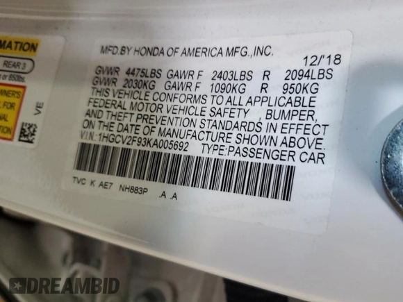 2019 Honda Accord Touring with VIN 1HGCV2F93KA005692, listed as a Copart auction lot 55985265 with 93,414 mi miles and Salvage title. Bid and sale history available at DreamBid. Image 12.