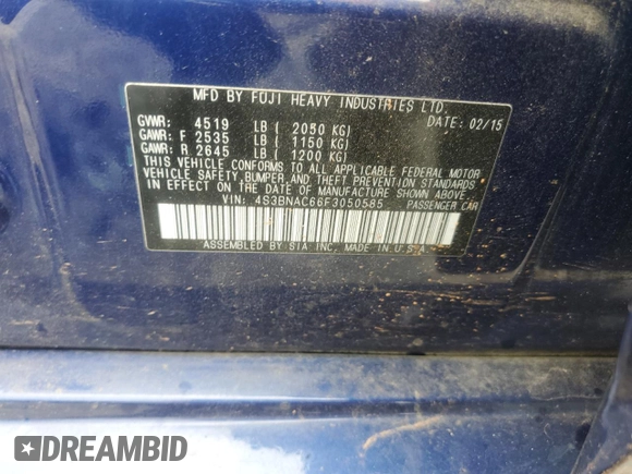 2015 Subaru Legacy Premium с VIN 4S3BNAC66F3050585, выставлен на аукционе Copart как лот 59318765 с пробегом Не указан миль и Списание • Salvage title. История ставок и продаж доступна на DreamBid. Изображение 13.