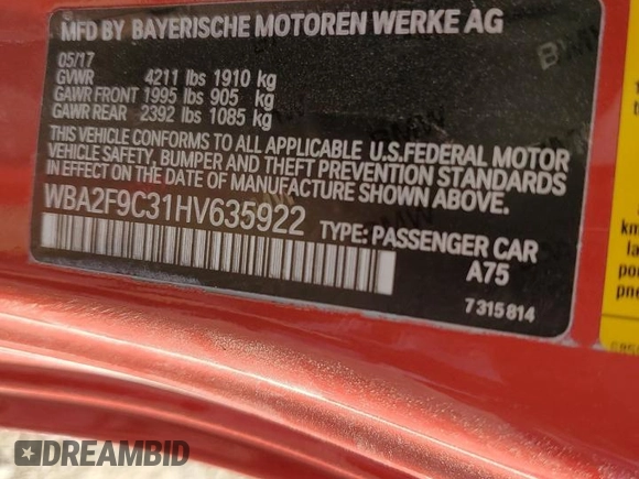 2017 BMW 2 Series 230i with VIN WBA2F9C31HV635922, listed as a Copart auction lot 46371695 with 45,947 mi miles and Salvage title. Bid and sale history available at DreamBid. Image 13.