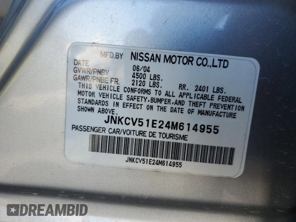 2004 Infiniti G35 w/Leather with VIN JNKCV51E24M614955, listed as a Copart auction lot 46653685 with 187,864 mi miles and Salvage Title. Bid and sale history available at DreamBid. Image 13.