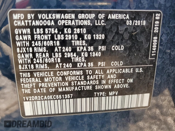 2019 Volkswagen Atlas SE z VIN 1V2DR2CA0KC551357, wystawiony jako Copart lot #58824335 z przebiegiem 84 011 mil mil oraz Czysty tytuł • Clean title. Historia ofert i sprzedaży dostępna na DreamBid. Obrazek 13.