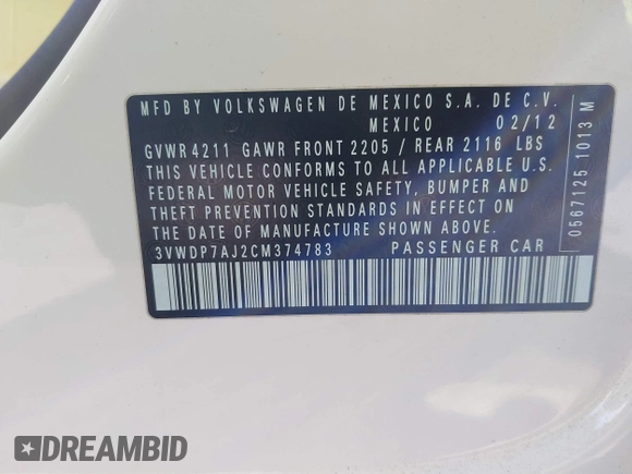 2012 Volkswagen Jetta Sedan SE w/Convenience PZEV with VIN 3VWDP7AJ2CM374783, listed as a IAAI auction lot 41636257 with 124,458 mi miles. Bid and sale history available at carsss.com. Image 9.