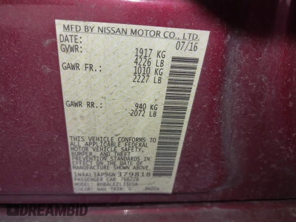 2016 Nissan Altima S with VIN 1N4AL3AP9GN379818, listed as a IAAI auction lot 41685681 with 185,637 mi miles and . Bid and sale history available at carsss.com. Image 9.