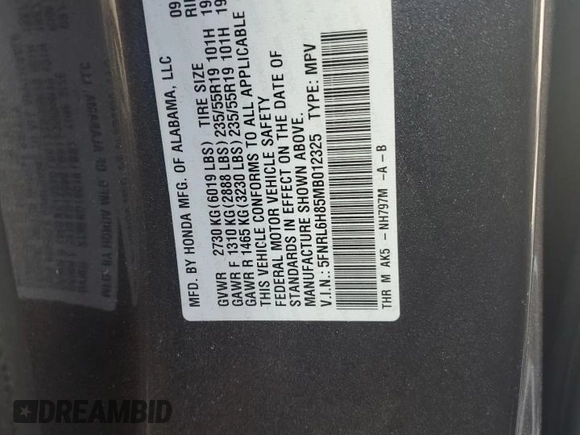 2021 Honda Odyssey Touring with VIN 5FNRL6H85MB012325, listed as a Copart auction lot 53367115 with Not provided miles and Salvage title. Bid and sale history available at DreamBid. Image 16.