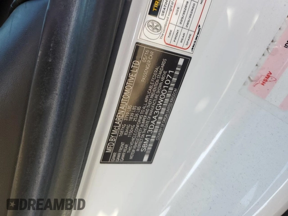 2016 McLaren 570S z VIN SBM13DAA3GW001071, wystawiony jako Copart lot #43108715 z przebiegiem Nie podano mil oraz Szkody całkowita. Historia ofert i sprzedaży dostępna na DreamBid. Obrazek 13.