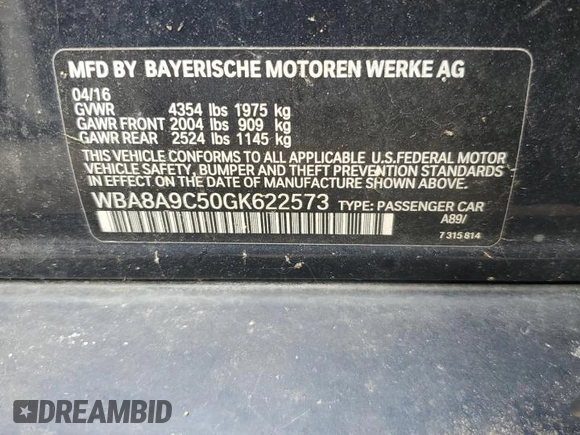 2016 BMW 3 Series 320i z VIN WBA8A9C50GK622573, wystawiony jako Copart lot #60071865 z przebiegiem Nie podano mil oraz Czysty tytuł • Clean title. Historia ofert i sprzedaży dostępna na DreamBid. Obrazek 12.