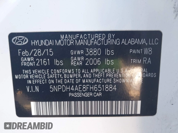 2015 Hyundai Elantra SE z VIN 5NPDH4AE8FH651884, wystawiony jako IAAI lot #42328121 z przebiegiem 128 520 mil mil oraz . Historia ofert i sprzedaży dostępna na DreamBid. Obrazek 9.