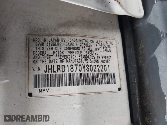 2000 Honda CR-V SE z VIN JHLRD1870YS022201, wystawiony jako IAAI lot #42527115 z przebiegiem 232 081 mil mil oraz . Historia ofert i sprzedaży dostępna na DreamBid. Obrazek 9.