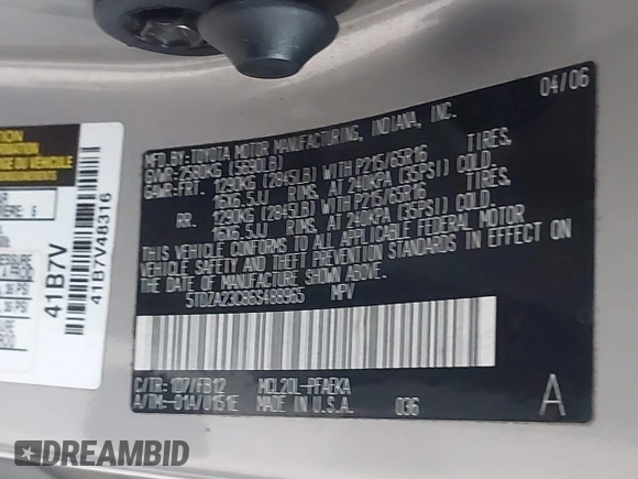2006 Toyota Sienna CE with VIN 5TDZA23C86S488965, listed as a IAAI auction lot 41856248 with 182,963 mi miles and . Bid and sale history available at DreamBid. Image 9.