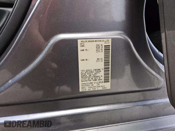 2021 Nissan LEAF SV with VIN 1N4AZ1CV8MC551908, listed as a Copart auction lot 55106875 with 22,880 mi miles and Clean title. Bid and sale history available at DreamBid. Image 12.