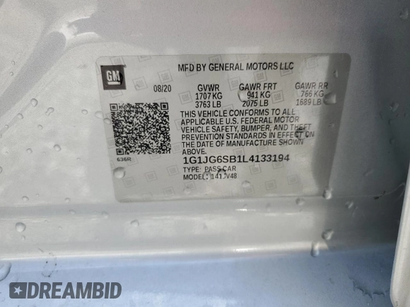2020 Chevrolet Sonic LT with VIN 1G1JG6SB1L4133194, listed as a Copart auction lot 59004335 with 115,274 mi miles and Non repairable. Bid and sale history available at DreamBid. Image 13.