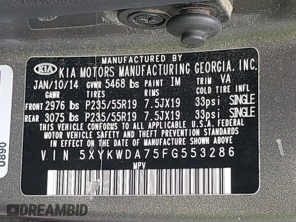 2015 Kia Sorento SX with VIN 5XYKWDA75FG553286, listed as a IAAI auction lot 42020351 with 147,572 mi miles. Bid and sale history available at carsss.com. Image 9.