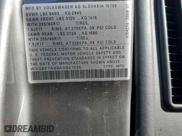 2010 Volkswagen Touareg VR6 with VIN WVGBF7A98AD001335, listed as a Copart auction lot 81735614 with 160,478 mi miles and Salvage Title. Bid and sale history available at DreamBid. Image 14.