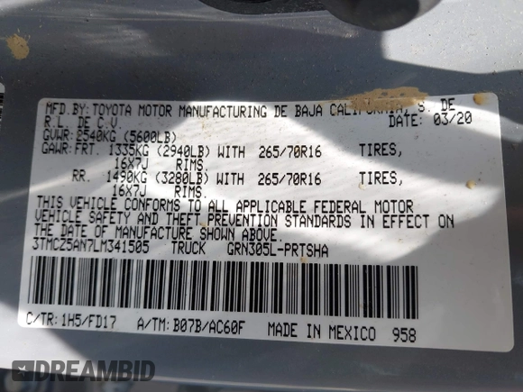 2020 Toyota Tacoma SR5 with VIN 3TMCZ5AN7LM341505, listed as a IAAI auction lot 42430647 with 73,285 mi miles and . Bid and sale history available at DreamBid. Image 9.
