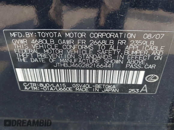 2008 Lexus ES 330 z VIN JTHBJ46G282166441, wystawiony jako IAAI lot #42412480 z przebiegiem 210 105 mil mil oraz . Historia ofert i sprzedaży dostępna na DreamBid. Obrazek 9.